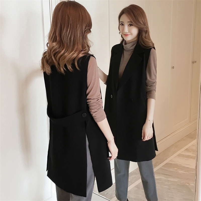 

New Korean Fashion Split Long Women's Vest Spring Elegant Black Sleeveless Jacket Female Solid Cardigan Waistcoat Vests Colete LJ201021