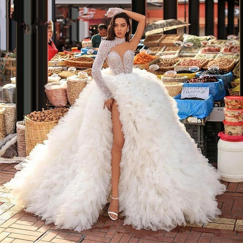 

Luxury Evening Dresses Sparkly Beads Sequins Tiered Train Plus Size Prom Dress One Shoulder Long Sleeves Formal Pageant Party Gowns Vestidos De Novia, Green
