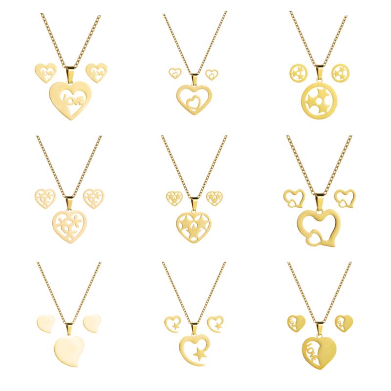 Collier de boucles d'oreilles King Shiny 316l Bijoux en acier inoxydable Ensemble pour femme Elegant Heart Star Geometric Neklace Bridal Wedding