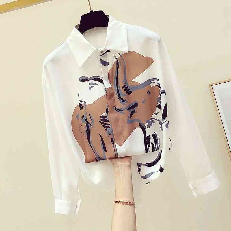 

women's blouses & shirts autumn fashion print hit color loose white shirt female y2k niche long-sleeved button up omhc