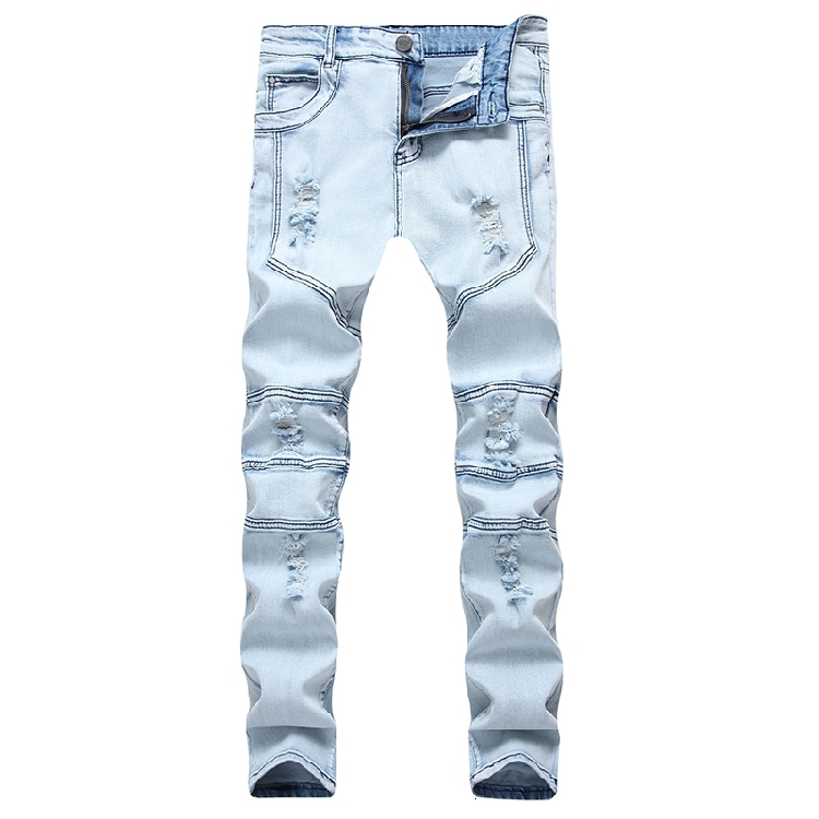 

2021 New Street Trend Men's Male Light Blue Personality Stitching Ripped Jeans Straight Stretch Slim Pants Trousers 3eop, Beige