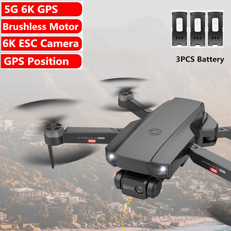 

6K Dual Camera GPS Optical Flow Dual Position Wifi FPV RC Drone Professional 6K ESC Brushless GPS RC Aircrafts With 3pcs Battery, Black 1battery