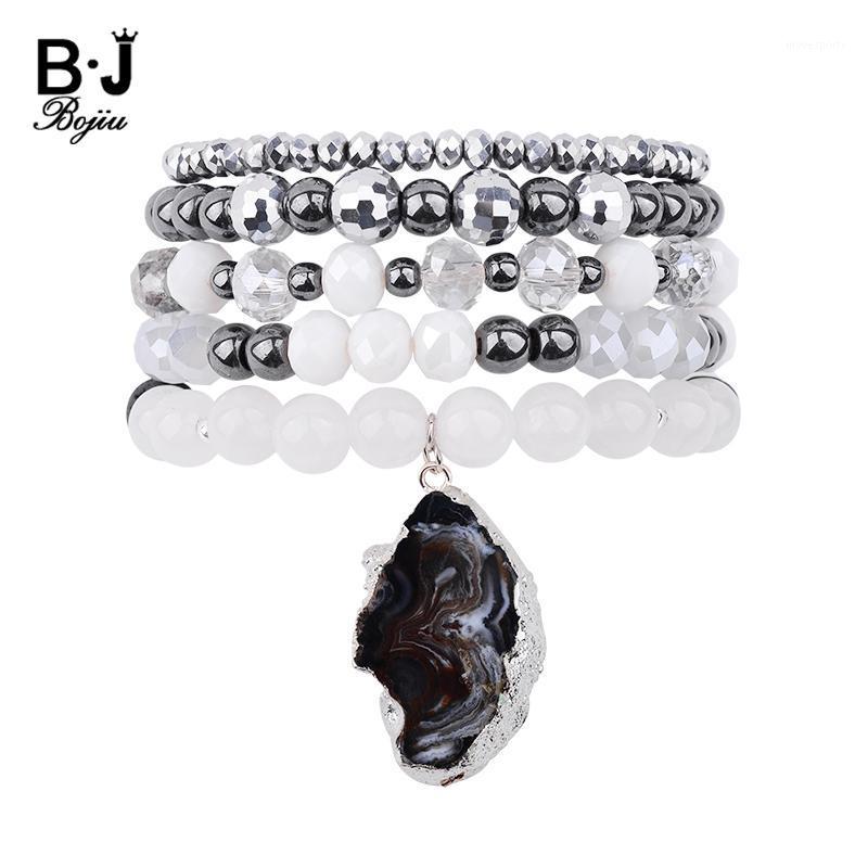 

Charm Bracelets BOJIU 5 Pcs/Set Elastic Women Silver Color White Crystal Quartz Black Hematite Lava Bead Bracelet BCSET2471