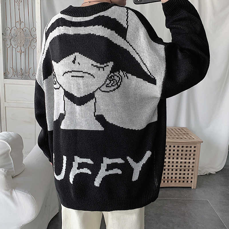 

Japanese sweater Luffy knitted casual cute fashion pullover black khaki men's Y0907