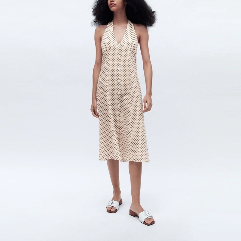 

Summer Sleeveless Halter Dress For Women V neck Polka Dot Print Linen Midi Party Sexy Backless Beach 210525, Ivory