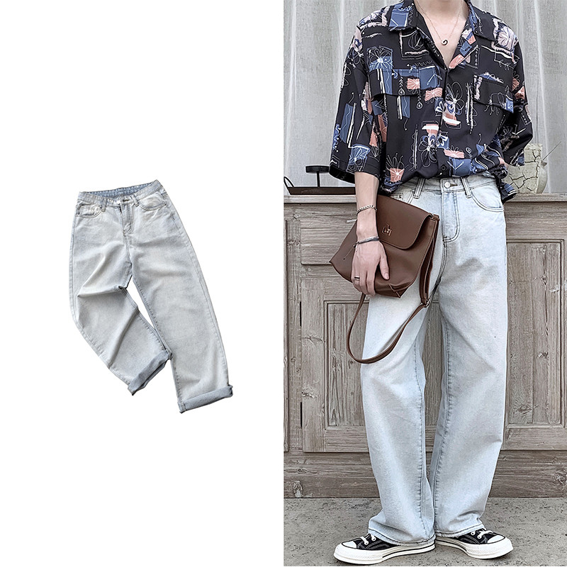 

2021 New Men's Loose Straight Baggy Homme Casual Pants Classic Cargo Pocket Wash Jeans Biker Denim Light Blue Color Trousers M-2xl E39r