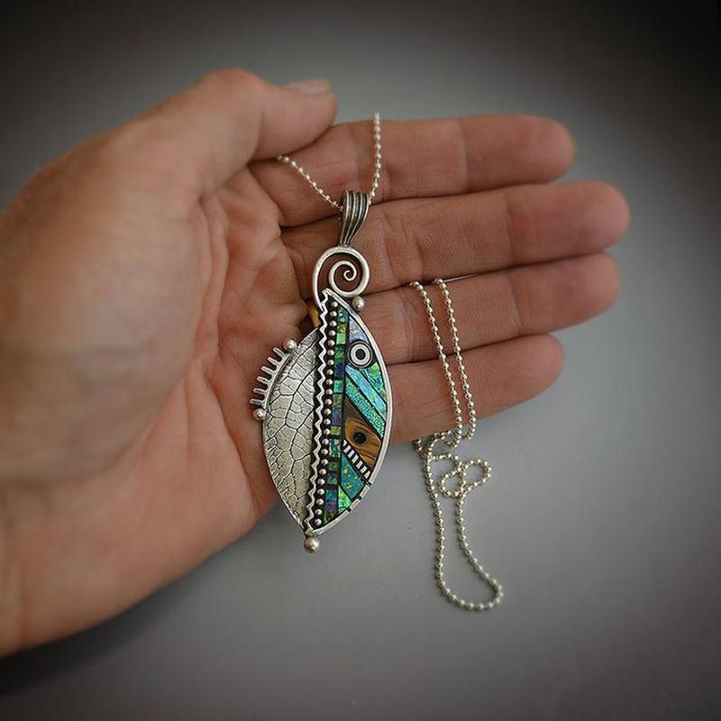 

Pendant Necklaces Fashion Bohemian Resin Green Leaf Pendants Necklace Jewelry Women Ethnic Vintage For Female Friend Gift, Silver