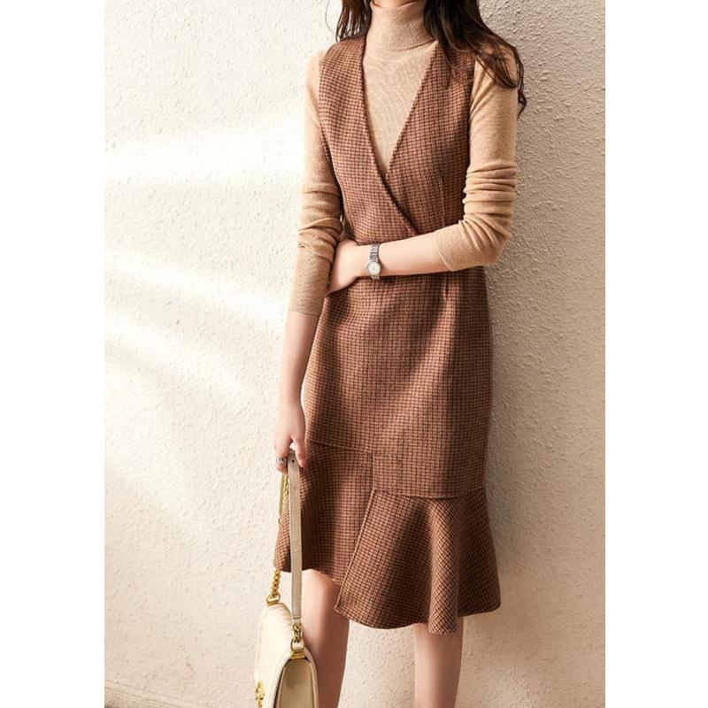 

Casual Dresses 2021 Spring And Autumn For Women's Fashion V-Neck Fishtail Ruffled Hem Vest Dress Vestidos, As pic