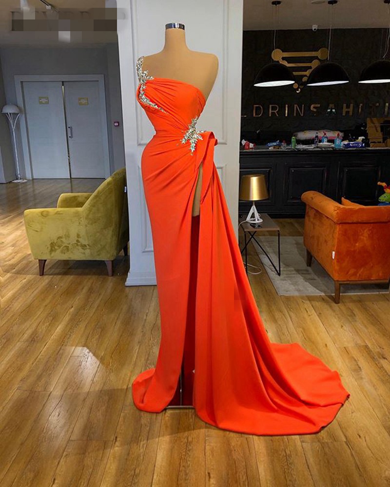

Long Red mermaid Evening Dresses pleated One Shoulder Asymmetrical Sexy High side Slit Beaded vestaglia donna Dubai Women Formal prom Gowns, Lavender
