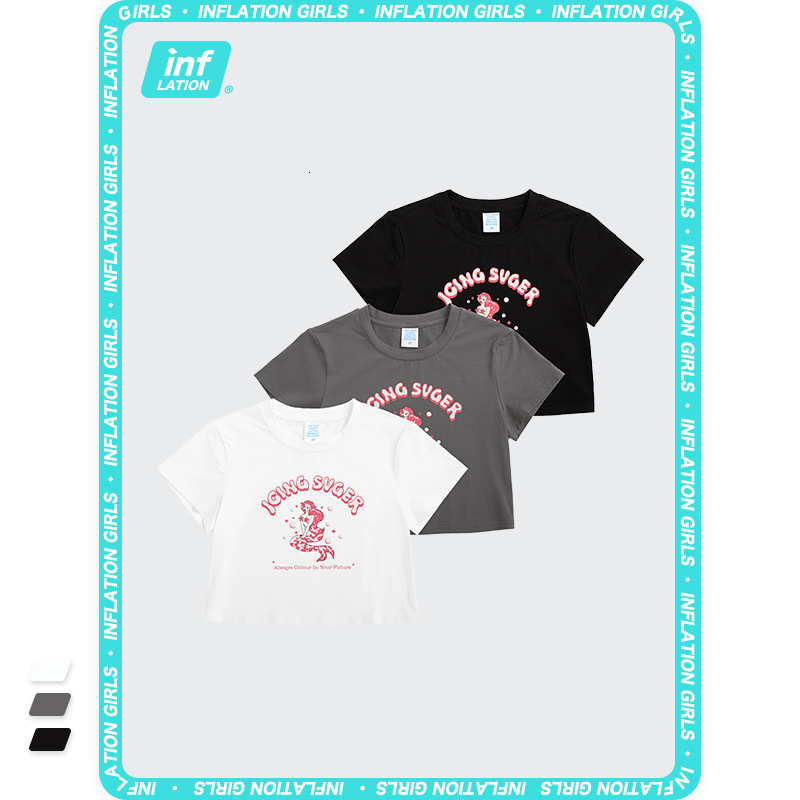 

t shirt inf women's clothing fashion brand sweet cool mermaid print loose navel short sleeve in spring and summer 2021, White