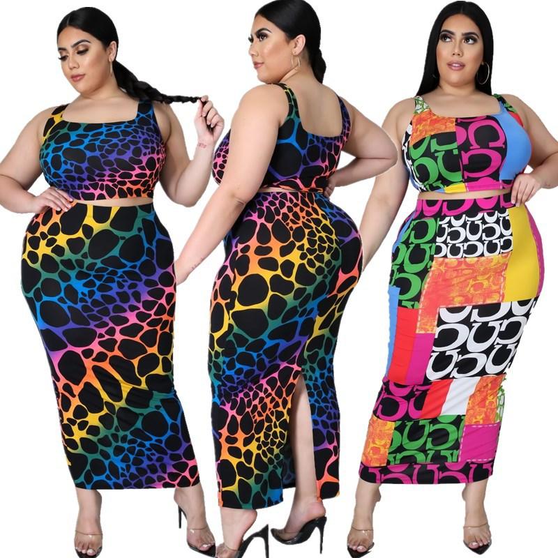 

Plus Size Tracksuits Women Sets Fashion Printing Sexy Sleeveless Vest Tops Split Skirt Two Piece Suit Summer L-5XL Clothing Wholesale, Black