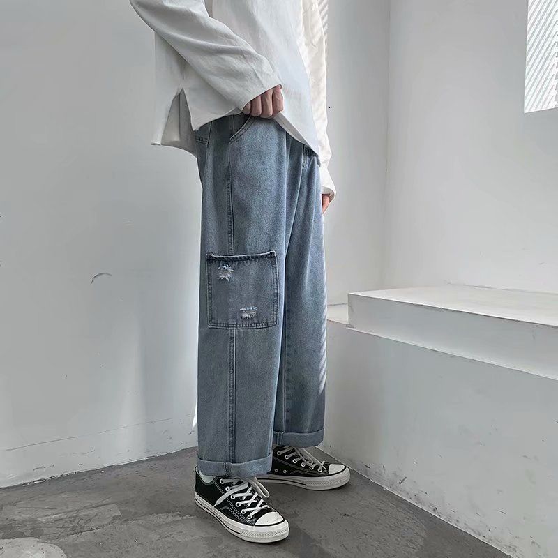 

2021 New Korean Wide-leg Men's Fashion Retro Casual Men Streetwear Wild Loose Hip-hop Straight Jeans Pants Mens S-3xl 9lgj, Black