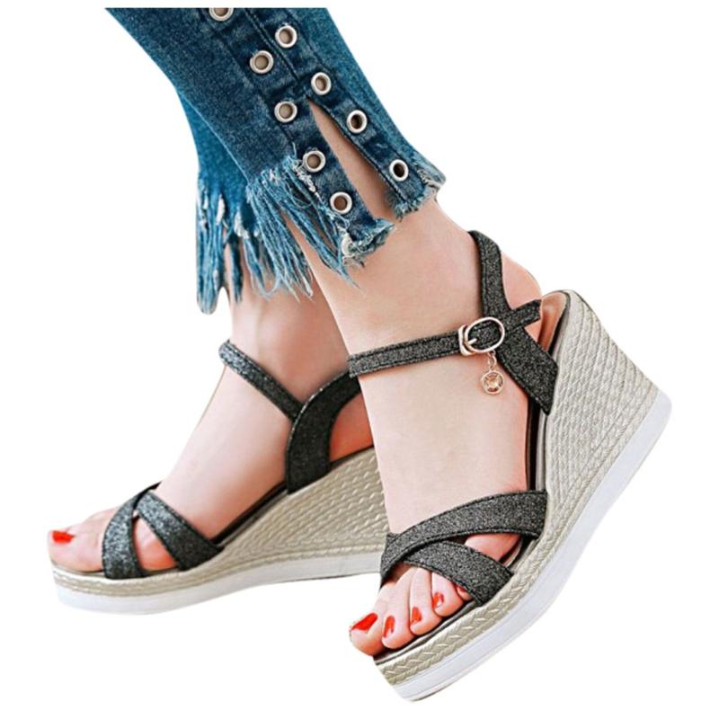 

SAGACE Platform Wedge Sandals Women Sequins Thick Bottom Increasing Shoes Ladies Solid Color Buckle Sandals For Summer Beach, Black