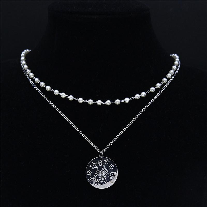 Pendant Necklaces Stainless Steel Pearl 12 Constellations Aquarius Necklace Women Silver Color Astrology Jewelry Cadena N9208S04-image-704086451