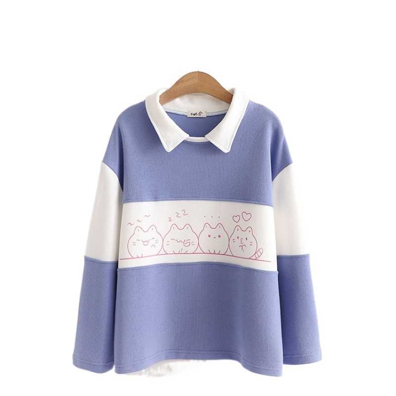 

Cartoon Print Casual Pullover Sweatshirt Women Summer Colorblock Korean Long Sleeve Turndown Collar Ladies Cotton Tops 210526, Yellow