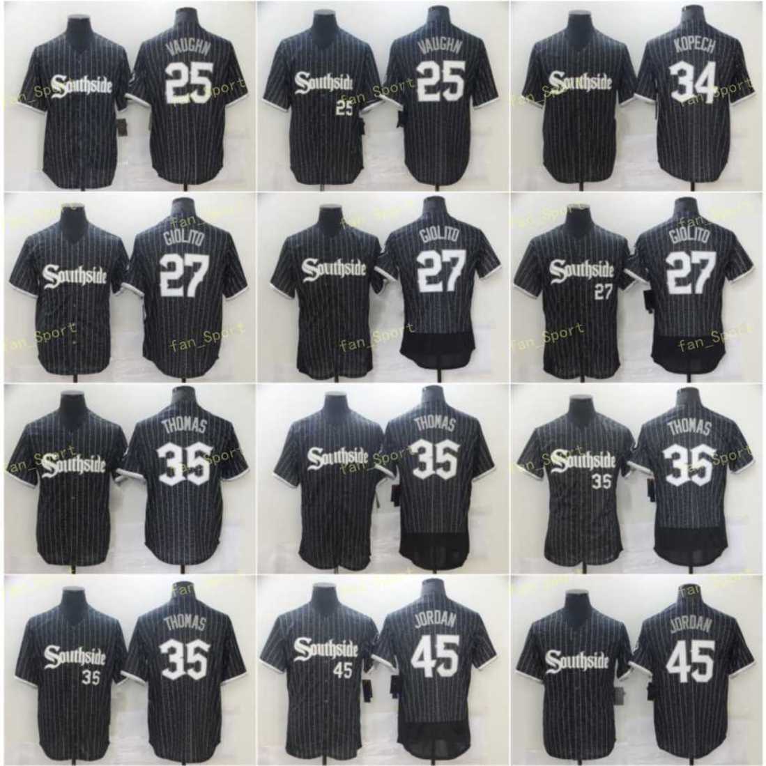 

City Connect Southside 25 Andrew Vaughn Baseball Jersey 27 Lucas Giolito 34 Michael Kopech 35 Frank Thomas 45 Michael Stitched Flexbase Cool Base Black, Men