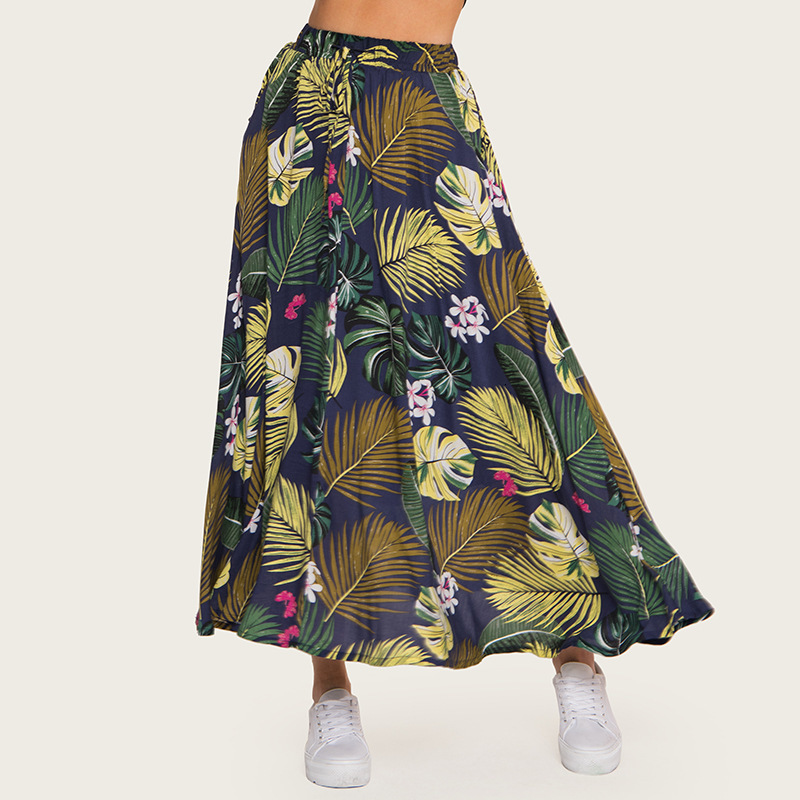 

2021 New Spring Summer Fashion High Waist Elastic A-line Beach Skirt with Sashes Print Skirts for Women Ksyy, 03