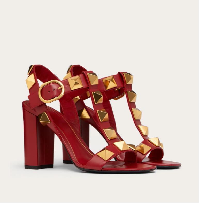 

Luxury Summer Women Sandals Studs Chunky Heel Rivets Ankle Strappy Sexy Ladies Sanals High Heels Sandalias Mujer With Box, Black