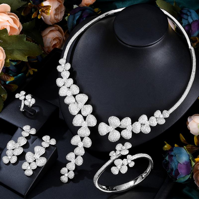 

Earrings & Necklace Missvikki Luxury Trendy Flowers Nigerian Jewelry Sets For Women Wedding Cubic Zircon CZ Dubai Gold Bridal Set, Silver
