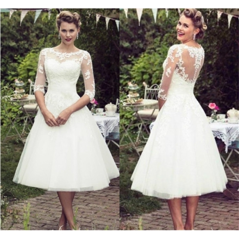 

2021 New Vintage 50's Style Short Es Half Sleeves Tulle Lace Applique Tea Length Bridal Wedding Gowns with Buttons Xpb1, Ivory