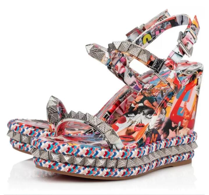 

Summer 2022 Brands Women's Wedges Sandals Shoes Luxury Red Bottoms shoe Rhinestone rivets Sandalias Party Wedding Bridals Lady Comfort Walking EU35-44,With BOX