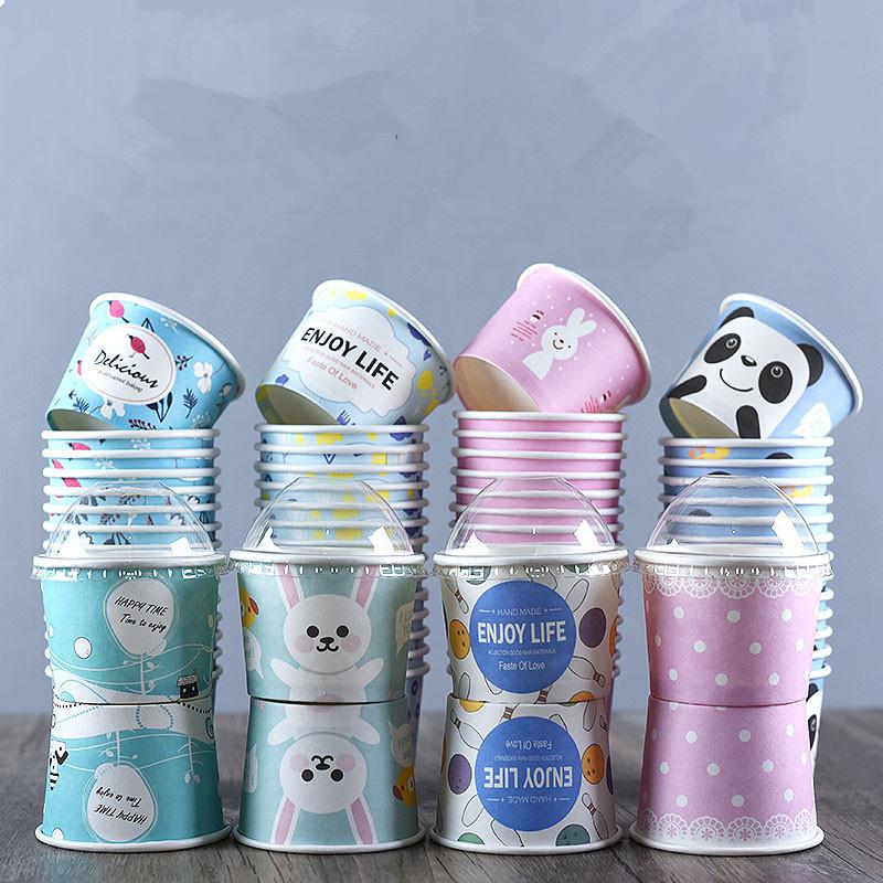 

Disposable Cups & Straws 50pcs Paper Birthday Party Favors Dessert Cup With Lid High Quality Cartoon Ice Cream Bowl 200ml Small Round