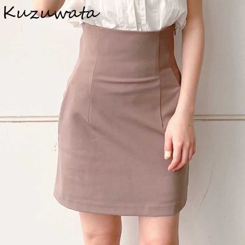 

Kuzuwata Solid Empire Slim Folds Above Knee Sexy Mini Skirts Summer Womens Faldas Fashion Temperament Japan Style Jupe 210708, Mocha
