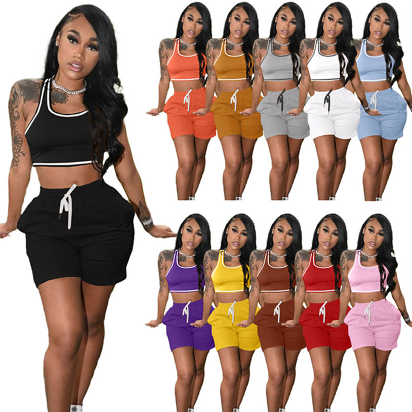Summer Women Tracksuits Solid Sexy Tank Tops+Shorts 2 Piece Sets Plus Size 2XL Outfits Short Sleeve Casual jogging suits 4893