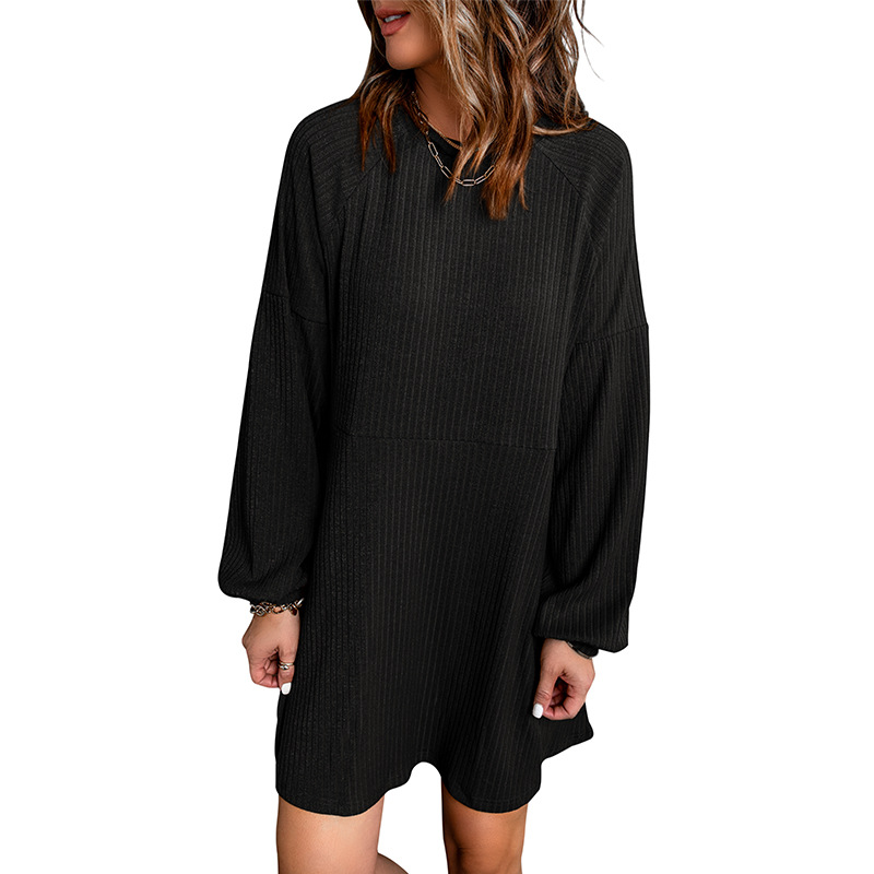 

Shiying Autumn/Winter Sweater Skirt Cross-border Pure Color Imitation Cotton Hole Striped One-piece Short Skirt Long Sleeve Knitted Sweater Dress, Black;gray