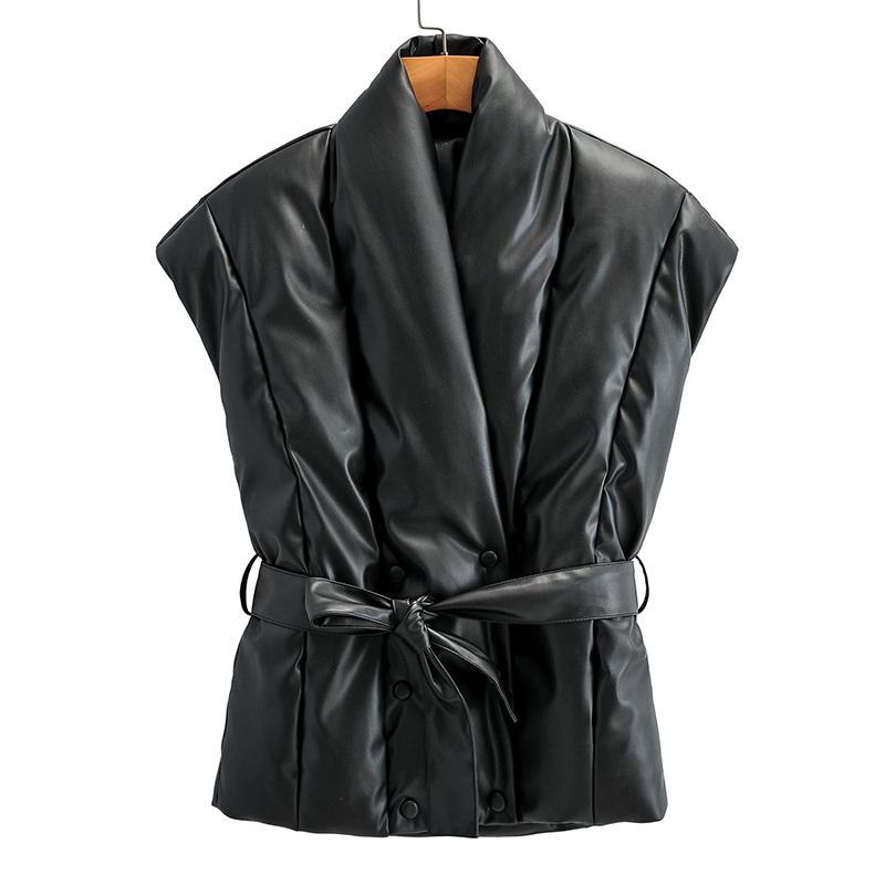 

Women' Vests Ailegogo Autumn Winter Women Pu Faux Leather Vest With Belt Casual Female Sleeveless Cotton Coat Thick Warm Black Outwear