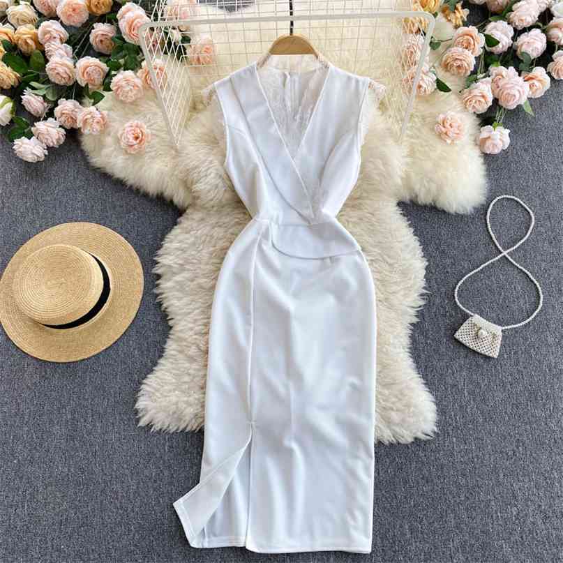 

White Sleeveless Floral Lace Spliced Women' Dress Sexy V-neck High Waist Slim Split Mid-calf Korean Fashion Work Party Dresses 210603