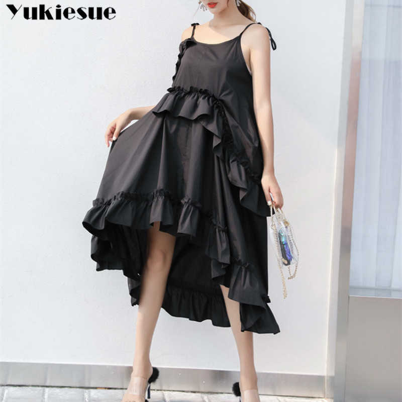 

Elegant dress women summer autumn off shoulder sleeveless rufles spaghetti strap es women's sexy maxi party 210608, Black