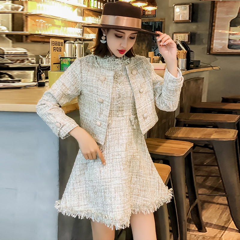 

Small Female Dress Set of Fragrant Women's Jacket Double Breasted Soft Coat + Thick Tweed Vest As Two Pieces Dx1m