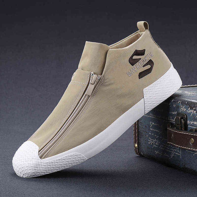 

Men's canvas casual shoes, double row zipper design, light, breathable, walking