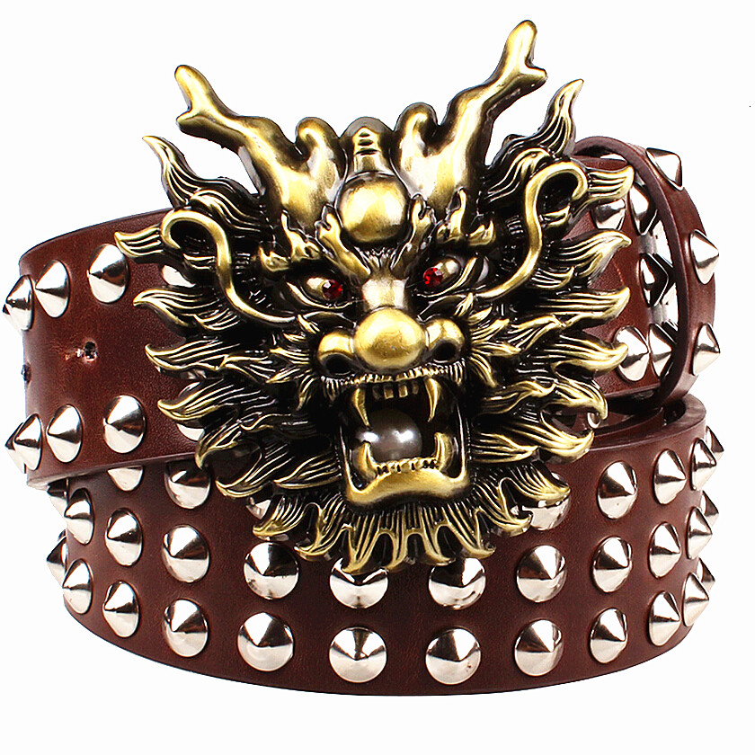 

2021 New Fashion Big Rivet Buckle Men's Belts Cartoon Animal Golden Dragon Head Heavy Metal Style Belt Performance Vctk, Black