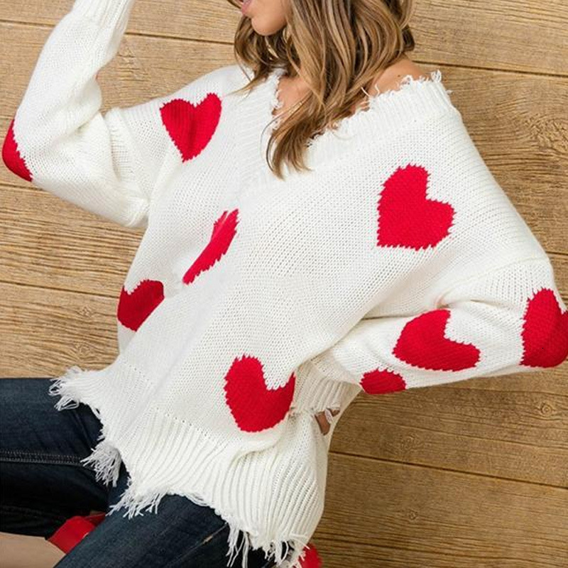

2021 New Casual Heart Printed Elegant Sweater Long Sleeve Sexy v Neck Women Pullovers Autumn Winter Warm Loose Knieted Jumpers Ueyx, White red heart