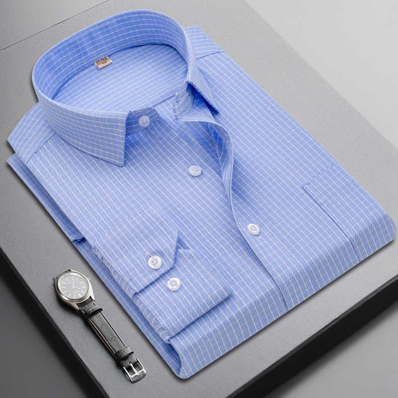 

Brand Men Shirt Male Dress Shirts Striped Men's Casual Long Sleeve Business Formal Plaid Shirt camisa social 210628, K09 blue