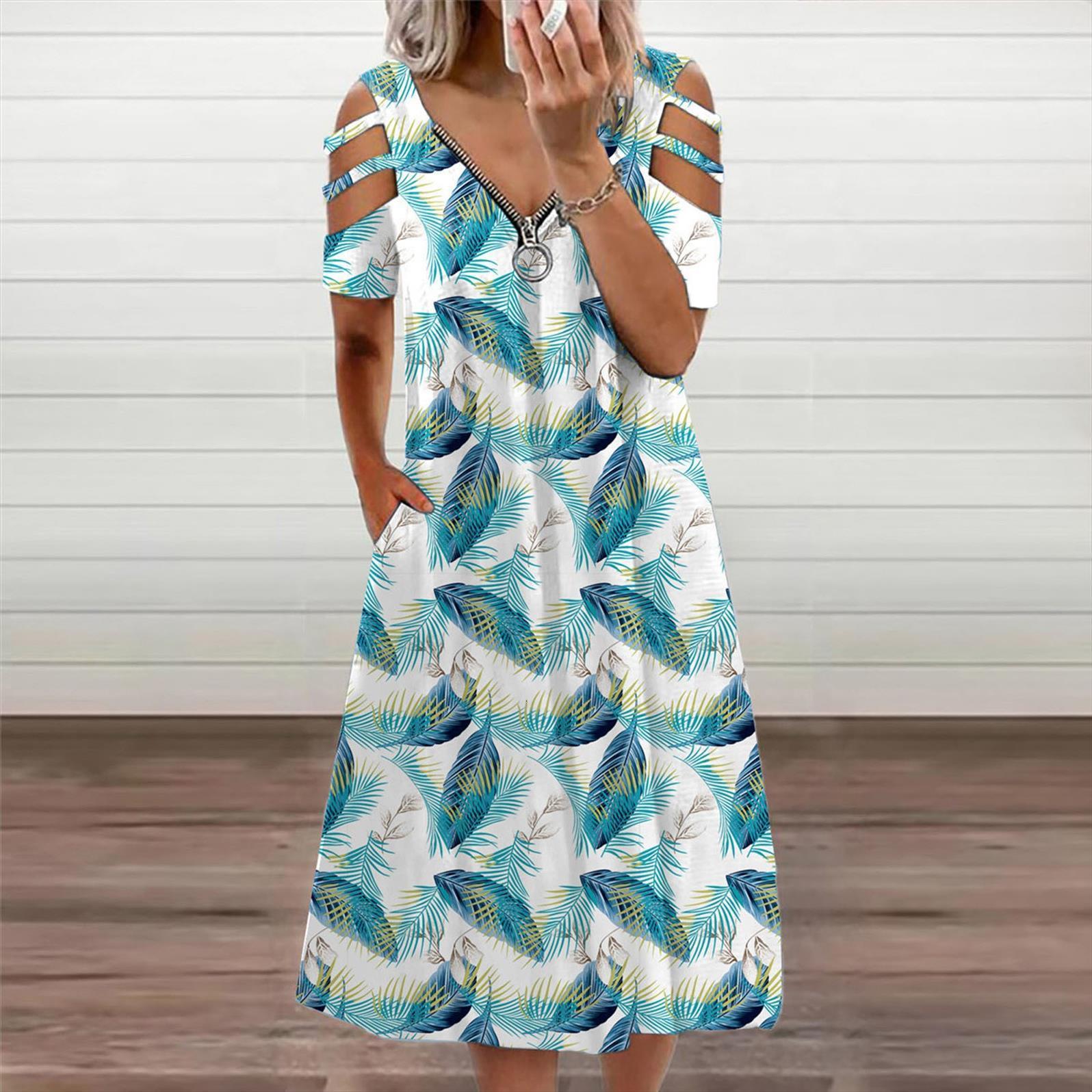

40 floral print summer womens dresses v neck casual zipper sundresses hollow out short sleeve vestidos, Black;gray