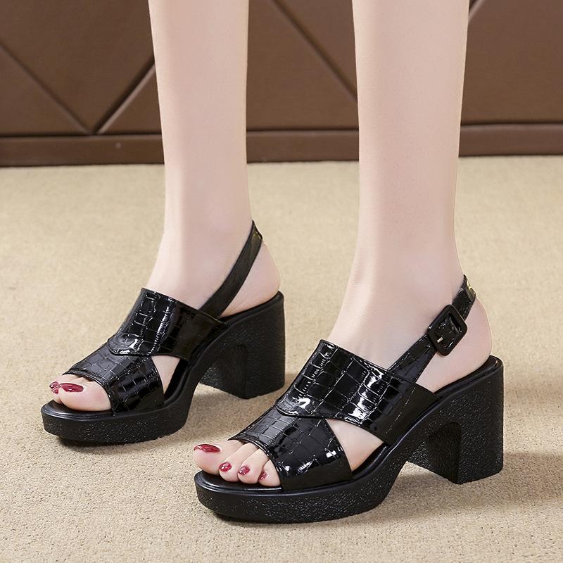 

Dress Shoes Japanned Leather Crocodile Pattern Sandals Women 2021 Pumps Summer Peep Toe Chunky High Heels Gladiator Sandalias Femme, Black