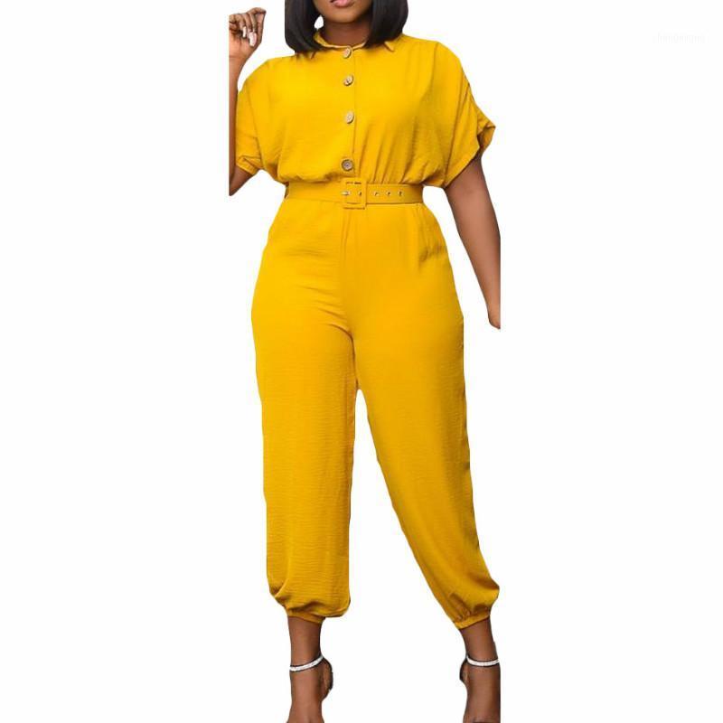 

Plus Size Women Jumpsuit Button Short Sleeve Loose African Jumpsuits Yellow Green One Piece Outfit Summer Rompers Clothing Women's &