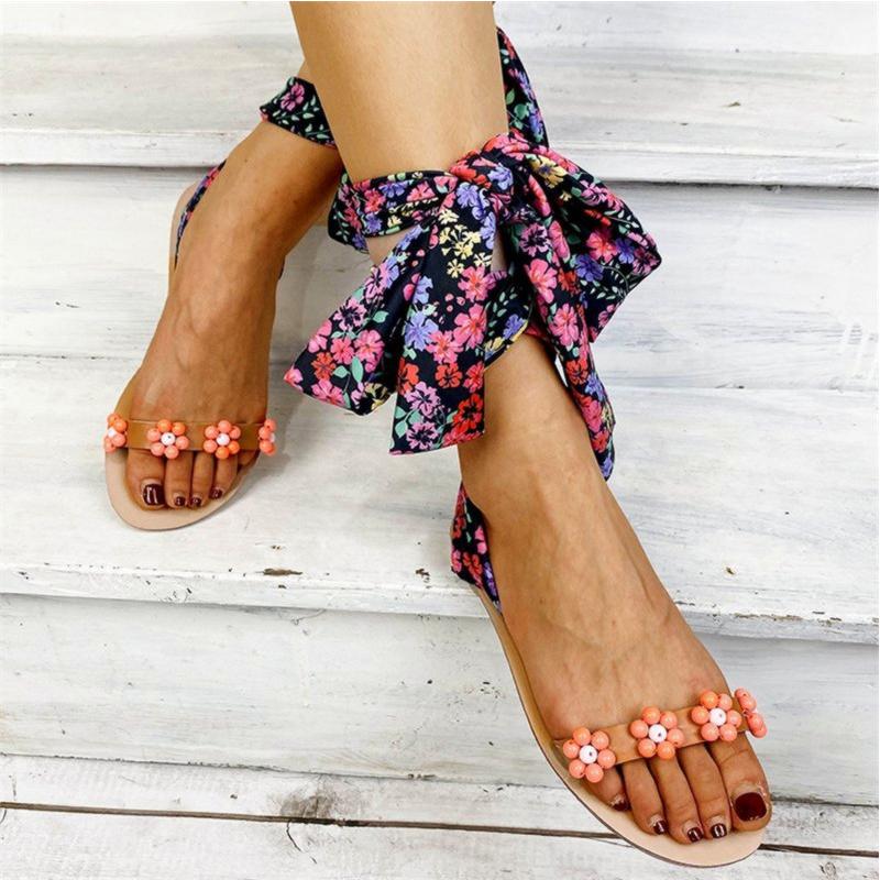 

Sandals Women Bohemia Cross Tied Ladies Lace Up Casual Flower Beach Shoes Female Appliques Flat Women's Footwear Plus Size, Blue