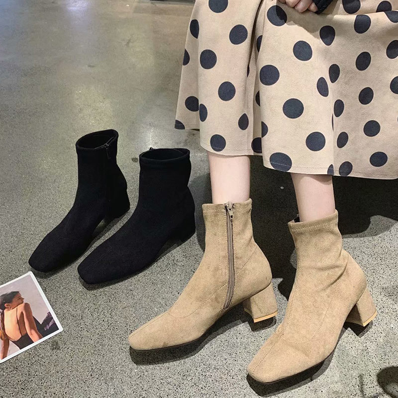 

2021 New Women Zip Chunky Heel Ankle Autumn Ladies Flock Plush Square High Heels Casual Fashion Short Boots Shoes Exmq 54CD, Black pu