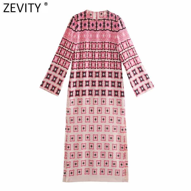 

Zevity Women Vintage Contrast Color Geometric Print Side Split Shirt Dress Femme Long Sleeve Casual Straight Robe Vestido DS8374 210603, O p1109