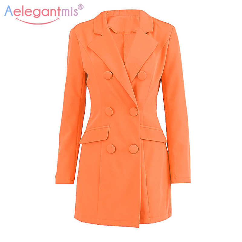 

Aelegantmis Sexy Slim Blazer Dress Women Notched Long Sleeve Office Lady Double Breasted Mini Solid Vestidos Mujer Korean 210607, Orange