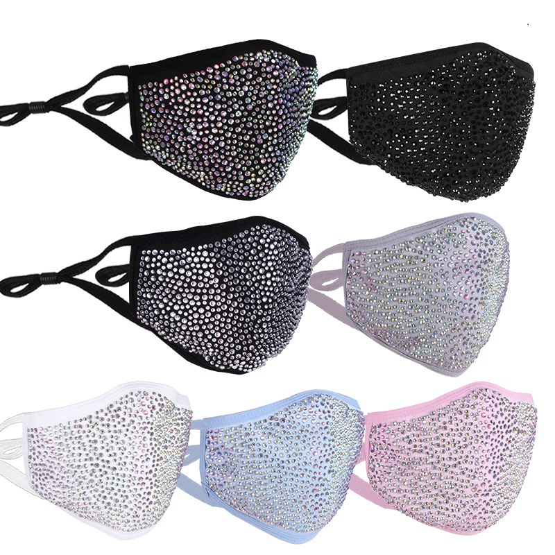 

Face Mask Designer Black White Blue Yellow Party Pink Bling Diamond Masks with Drill Women Female Summer Breathable Decoration Rhinestone Glitter Facemask