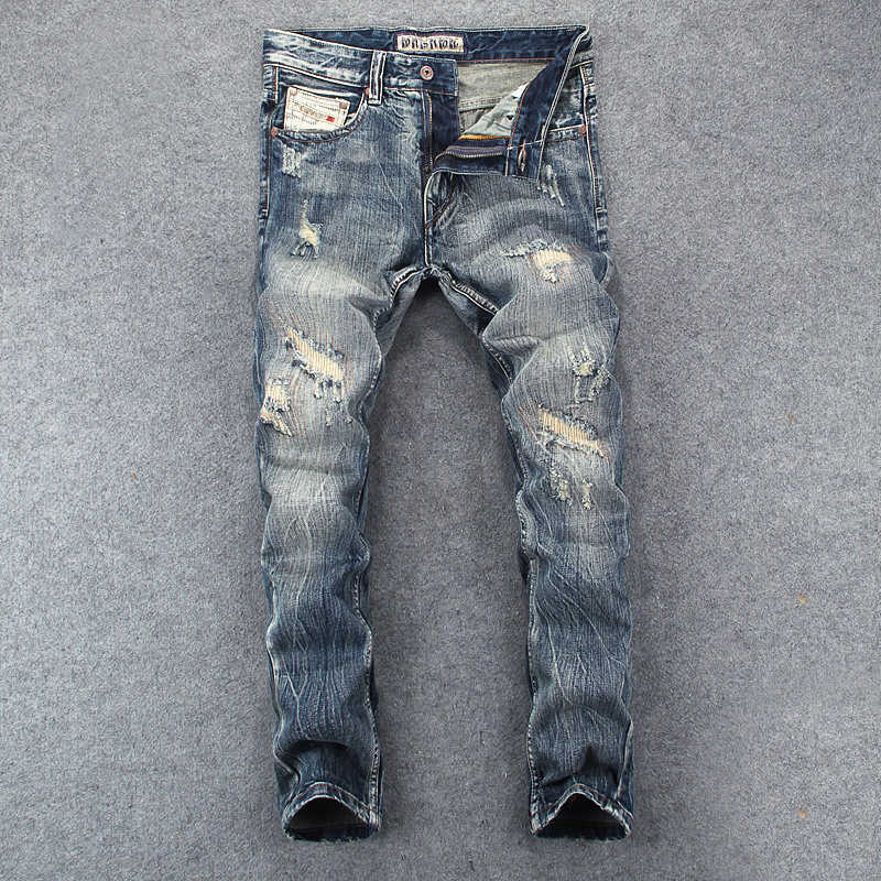 

Streetwear Fashion Men Jeans Retro Yellow Blue Slim Fit Ripped Destroyed Patchwork Designer Hip Hop Denim Punk Pants