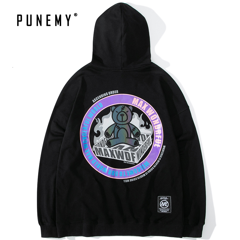 

2021 New Harajuku Hoodie Men Vintage Reflective Bear Pattern Hooded Hip Hop Streetwear Sweatshirt Autumn 100% Cotton Male Hoodies Olsv, Black