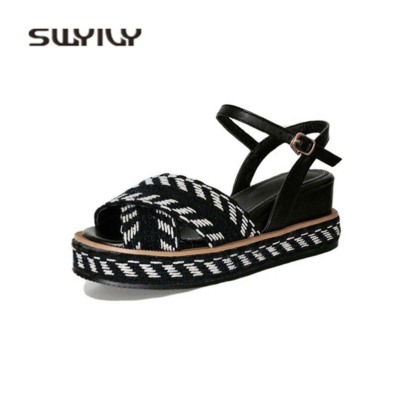

SWYIVY Women Sandals Wedge 10cm High Heel Shoes 2021 Summer Female Sandals Shoes 33 39 Stripe Belt Woman Casual Platform, Black