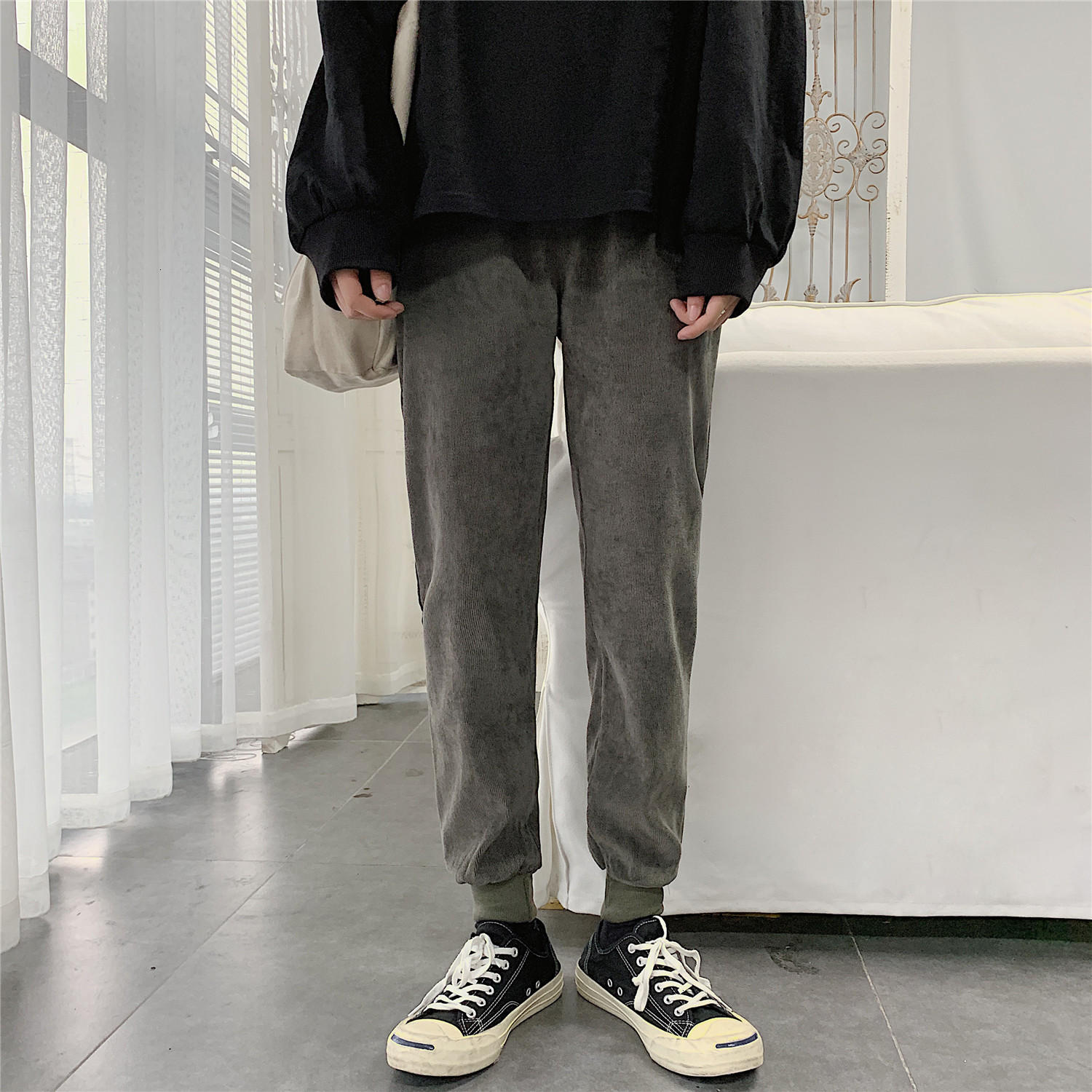 

2021 New Men's Corduroy Fabric Casual Bound Feet Leisure Male Haren Pants Trousers Active Elastic Slim Fit Joggers Sweatpants M- B4g9, Navy