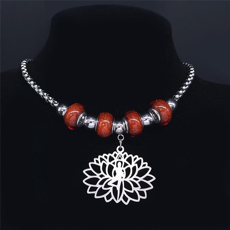 

Pendant Necklaces Yoga Bead Stainless Steel Lotus Chocker Silver Color Charm Necklace For Women Jewelry Bijoux Femme NXS04